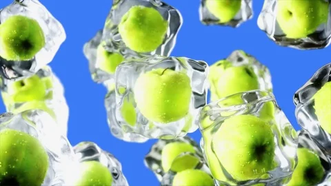 Apples rotate in ice cubes. Food and broadcast concept. Realistic ice materials. Video stock 79592532