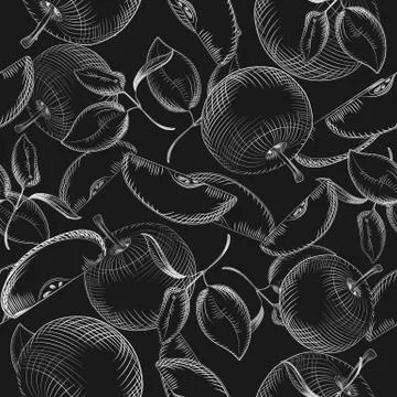 Apples seamless pattern. Apple tree leaf on blackboard. イラスト素材
