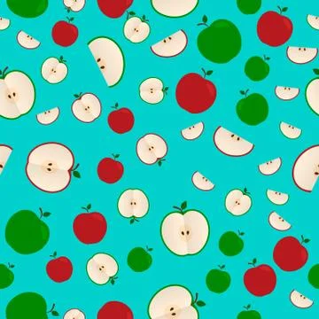 Apples seamless vector pattern. Red and green apple flat style whole and cut  Stock Illustration