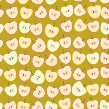Apples simple seamless pattern slice fruit on Beige brown mustard background. Stock Illustration