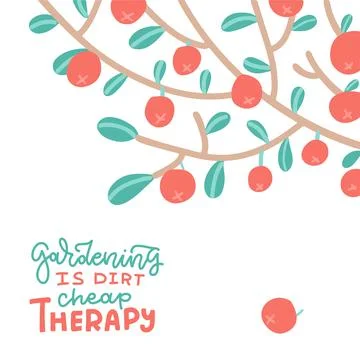 Apples on tree branch. Summer and Autumn flat vector illustration with lettering Stock Illustration