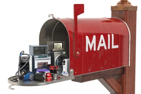 Appliance and electronics delivery concept. Mailbox with household and kitche Stock Illustration