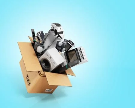 Appliances in the box 3d render on blue gradient Stock Illustration
