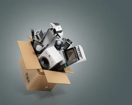 Appliances in the box 3d render on grey gradient Illustrazione stock