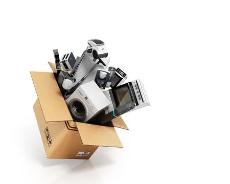 Appliances in the box 3d render on white Illustrazione stock