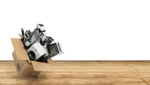 Appliances in the box 3d render on wood flor Illustrazione stock