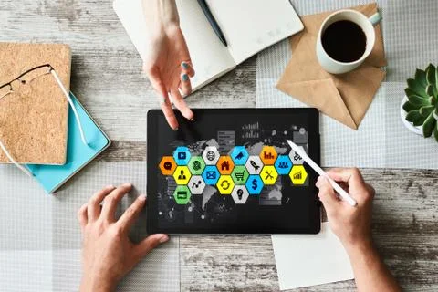 Application and diagrams on device screen. Business control panel and apps Фото