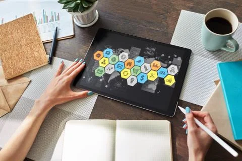 Application and diagrams on device screen. Business control panel and apps Stock-Fotos
