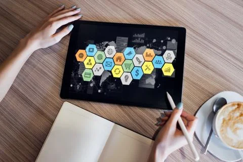 Application and diagrams on device screen. Business control panel and apps Фото