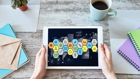 Application and diagrams on device screen. Business control panel and apps Fotos Stock