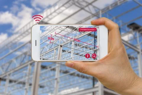 Application of Augmented Reality in Construction Industry Concept Measuring.. Foto stock