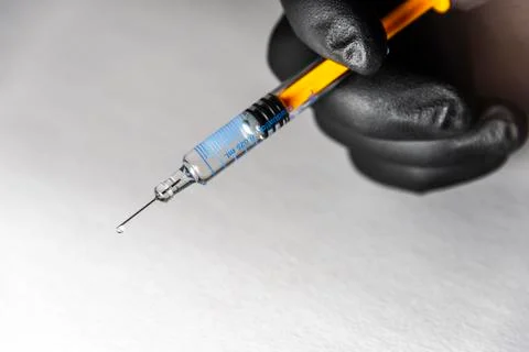 Application of botox in pre-filled syringe in hand with black latex gloves Stock Photos