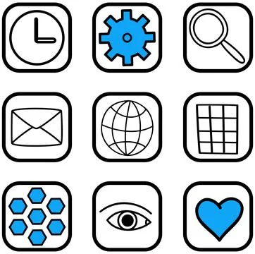 Application buttons with signs isolated on white. Computer or smartphone home Stock Illustration