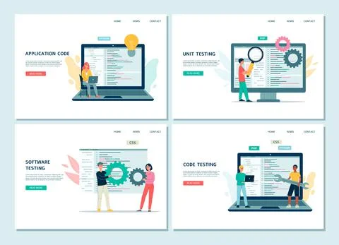 Application code and software testing web banners set, flat vector illustration. 스톡 일러스트