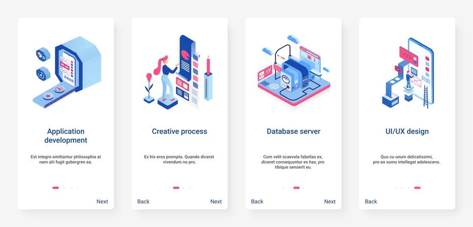 Application creative development UX, UI onboarding mobile app page screen set Illustrazione stock