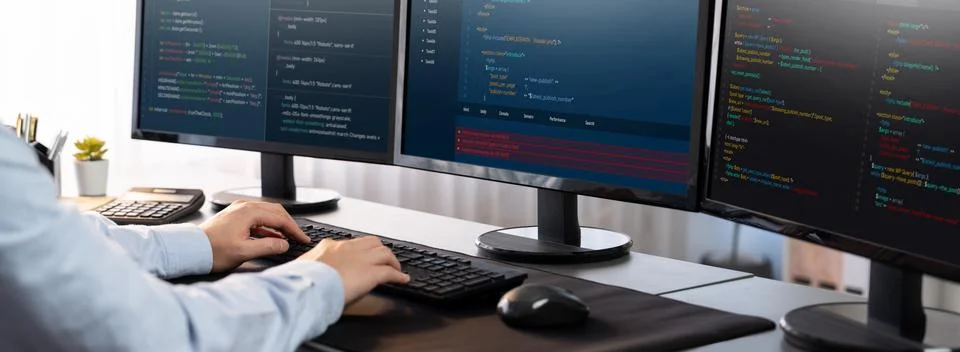 Application developer solving and writing code. Trailblazing Stockfoto's