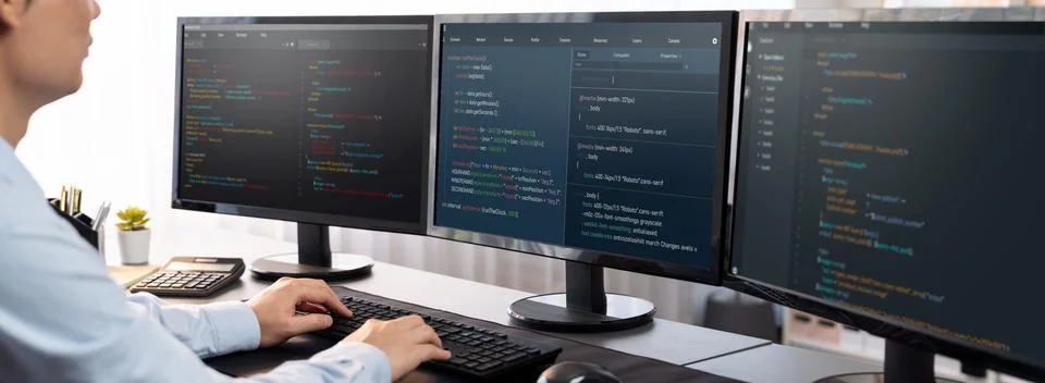 Application developer solving and writing code. Trailblazing Foto stock