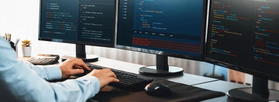 Application developer solving and writing code. Trailblazing Stock Photos