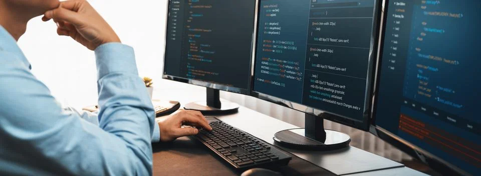 Application developer solving and writing code. Trailblazing Stock Photos