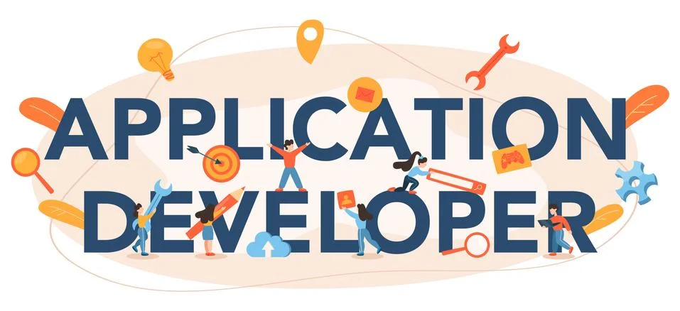 Application developer typographic header. Modern technology and smartphone Illustrazione stock