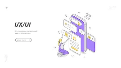 Application development and prototyping process isometric banner template. Ve Stock Illustration