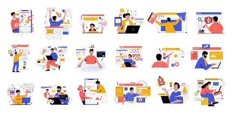 Application development. Cartoon concept with people working on website or 스톡 일러스트