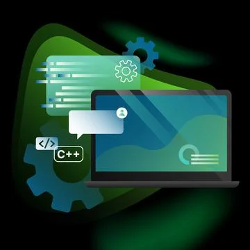 Application Development Illustration. Detailed Coding Elements, Laptop and Stock Illustration