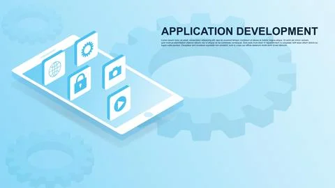 Application development with isometric smartphone and 3D gear. イラスト素材