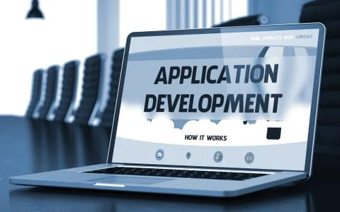 Application Development on Laptop in Conference Hall. 3D Stock Illustration