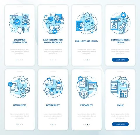 Application development onboarding mobile app page screens set Stock Illustration