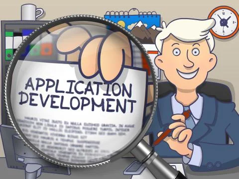 Application Development through Magnifying Glass. Doodle Style Illustrazione stock