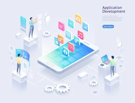 Application development vector isometric illustrations. Stock Illustration