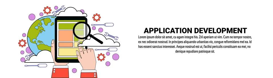 Application Development Web Design Concept Horizontal Banner With Copy Space 스톡 일러스트