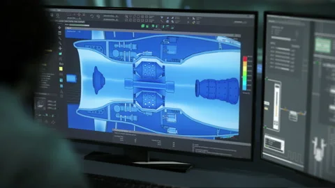 Application displays digital schematic of the multiple heavy turbine mechanisms Stock Footage 224851441