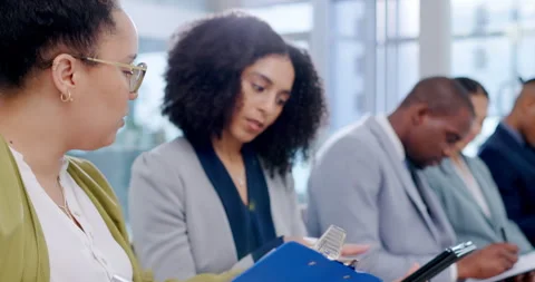 Application form, job interview paperwork and people in waiting room with resume Stock Footage 245255027