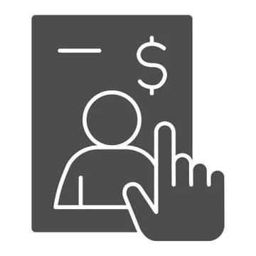 Application form with photo solid icon. Candidate questionnaire and hand pointed Illustrazione stock