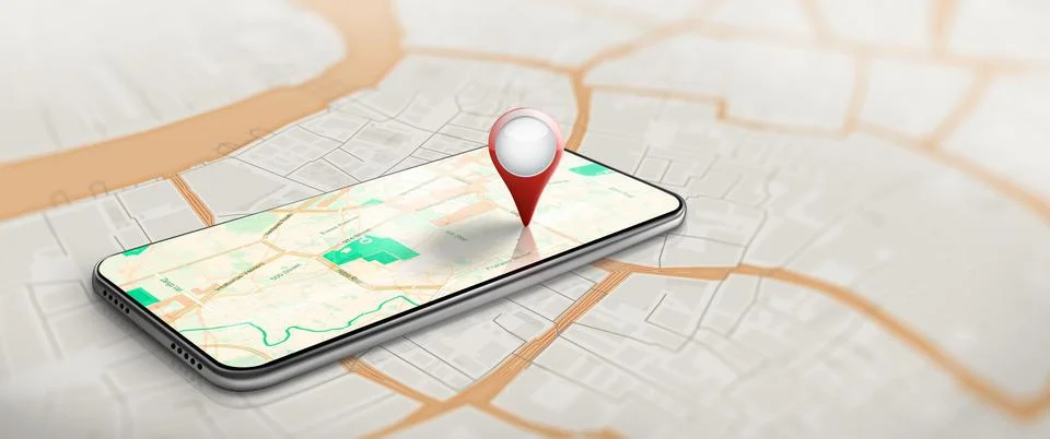 Application of GPS Navigation map on smartphone with Red, blue, and yellow pi Stock Illustration