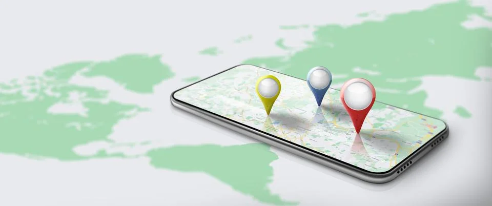 Application of GPS Navigation map on smartphone with Red, blue, and yellow .. Ilustración de archivo