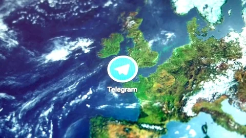 Application icon Telegram on a background flight over a world map display of a Stock Footage 93468825