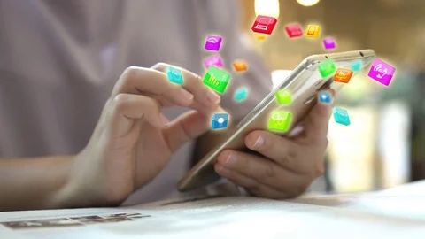 Application icons interface on smartphone. Social media concept Stock Footage 80178004