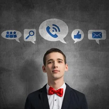 Application icons of media interface Young man in red bowtie and collectio... 스톡 사진