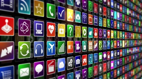 Application icons passing by. Zoom out. Technology background. 3 in 1. Stock Footage 54839392
