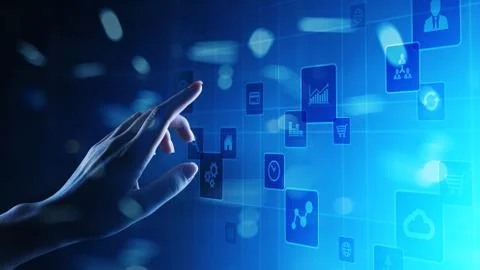 Application icons on virtual screen. Technology and business concept. Stock Photos