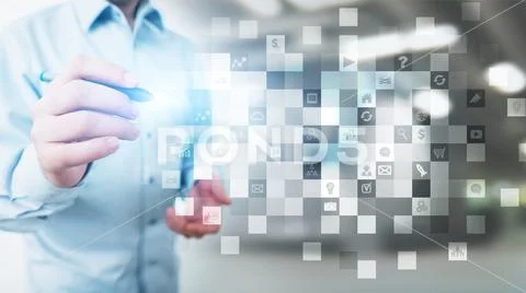 Application icons on virtual screen. Technology and business concept. Stock Photos