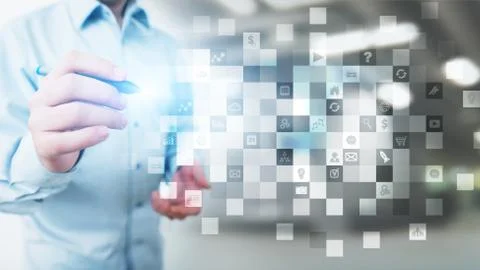 Application icons on virtual screen. Technology and business concept. Foto stock