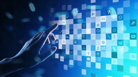 Application icons on virtual screen. Technology and business concept. Foto stock