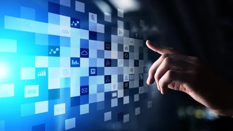 Application icons on virtual screen. Technology and business concept. Stock Photos