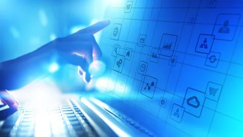 Application icons on virtual screen. Technology and business concept. Foto stock