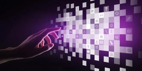 Application icons on virtual screen. Technology and business concept. Foto stock