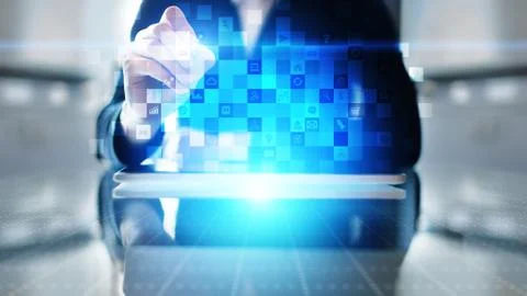 Application icons on virtual screen. Technology and business concept. Stock-Fotos